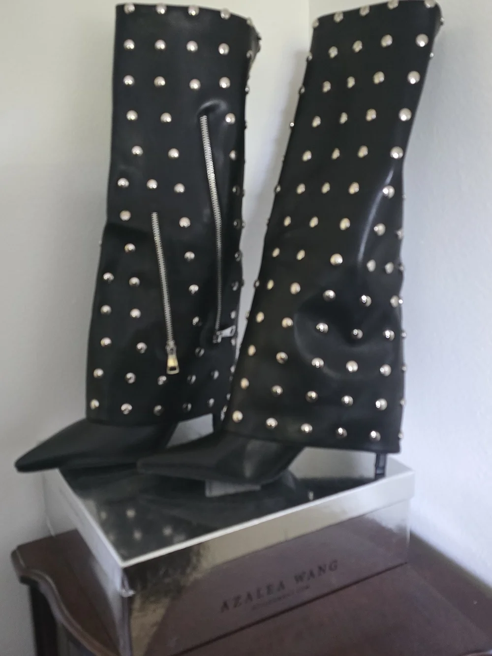 Black Studded Over-The-Knee Boots with Side Zipper